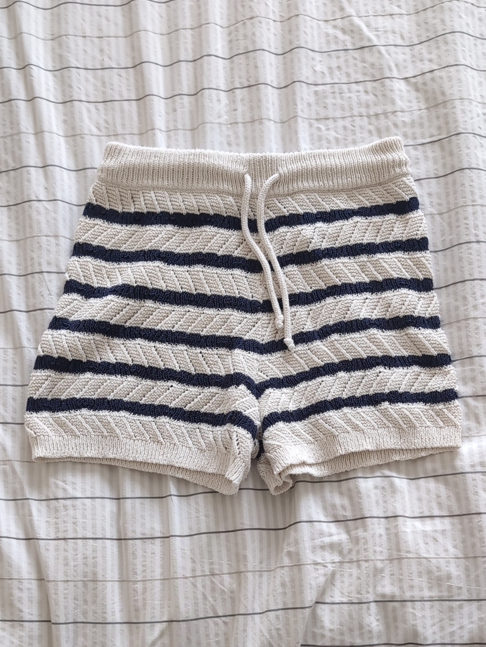 aerie Cream & Navy Striped High-Waist Knit Shorts